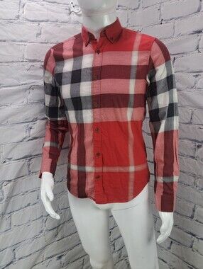 Burberry Men's Button Down Shirt Red Nova Check Soft lightweight Cotton Small
